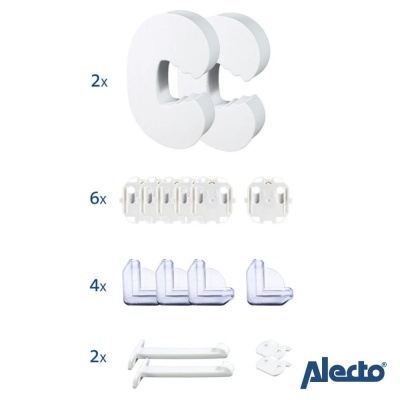 Conjunto de segurança infantil Alecto com várias peças brancas e transparentes para proteção de móveis