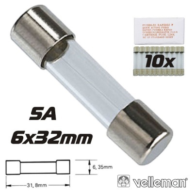 Fusível rápido de vidro 5A 6x32mm com embalagem e desenho técnico