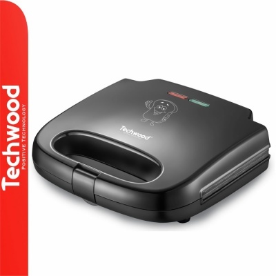 Sanduicheira preta Techwood com desenho de cachorro e luzes indicadoras