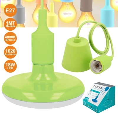 Lâmpada LED pendente verde com características técnicas e embalagem