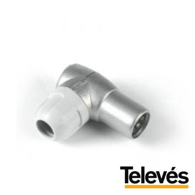 Conector coaxial em ângulo de 90 graus com ponta branca e corpo metálico com logótipo Televes
