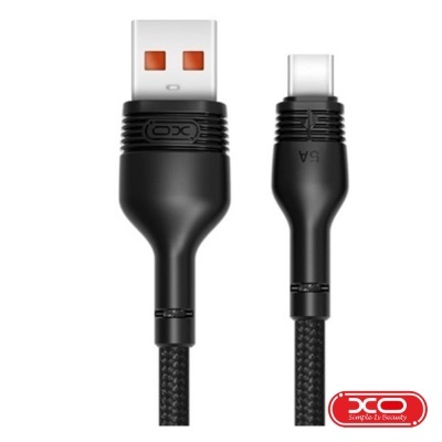 Cabo USB preto com conetores USB-A e USB-C e logótipo XO