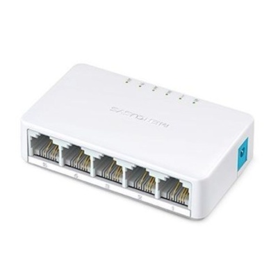 Hub de rede branco com 5 portas RJ45 e LED