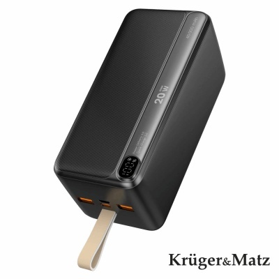 Carregador portátil preto com três portas USB laranja e alça bege