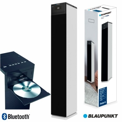 Coluna de som Bluetooth Preto e Branco da Blaupunkt com leitor de CD aberto e embalagem