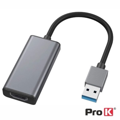 Adaptador USB para HDMI cinzento metálico com cabo preto e conector USB azul