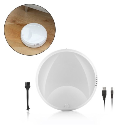 Aspirador robô circular branco com cabos e escova de limpeza