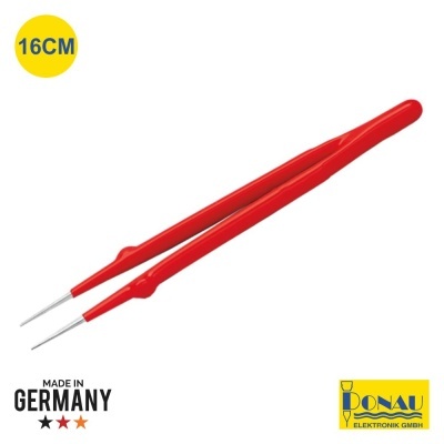 Pinças vermelhas com pontas metálicas finas e texto 'MADE IN GERMANY'