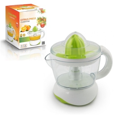 Espremedor de citrinos elétrico branco e verde com embalagem ao fundo