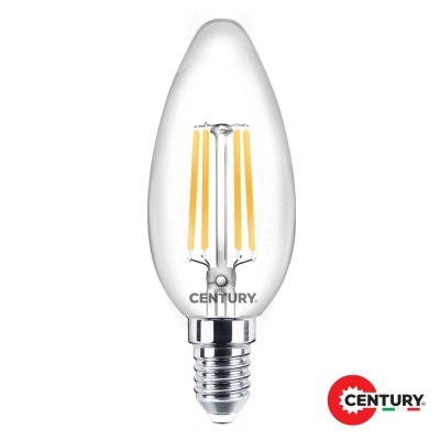 Lâmpada LED tipo vela transparente com base de rosca e marca CENTURY