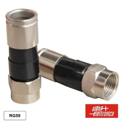 Adaptadores coaxiais metálicos com revestimento preto e etiquetas RG59 e alpha elettronica