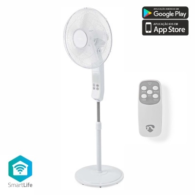 Ventoinha de pé branca com controlo remoto e ícones de aplicação