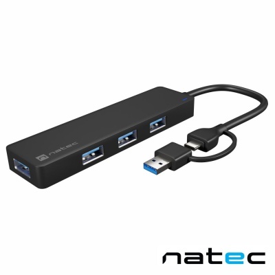 Hub USB 3.0 preto Natec com quatro portas USB e cabo integrado