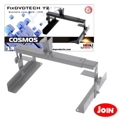 Suporte metálico cinza ajustável para DVD/VCR da Join em embalagem com texto e logotipos