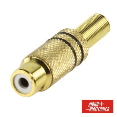 Adaptador de áudio RCA dourado com textura e anéis pretos, logo alpha+ elettronica