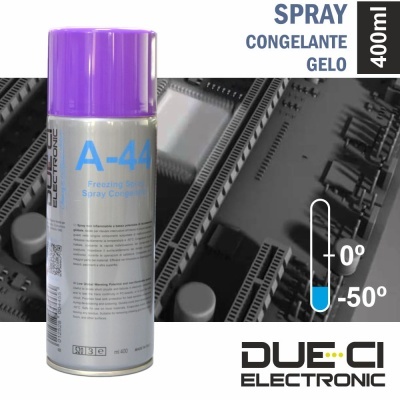 Spray congelante A-44 de 400ml com tampa roxa da DUE.CI ELECTRONIC com circuito eletrônico ao fundo