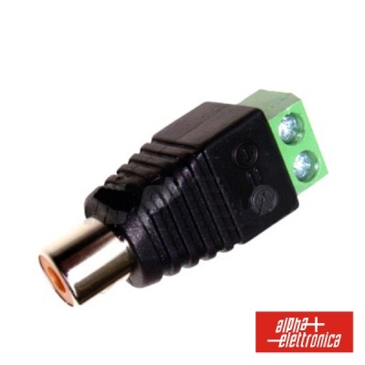 Adaptador áudio RCA fêmea com conector de terminal verde e logótipo alpha+ elettronica