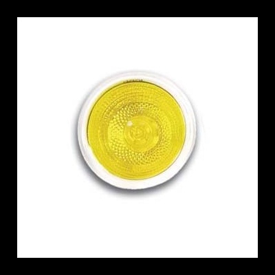 Luz redonda amarela com moldura branca e padrão em relevo