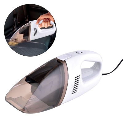 aspirador portátil de mão branco com depósito castanho escuro e estofos de carro preto