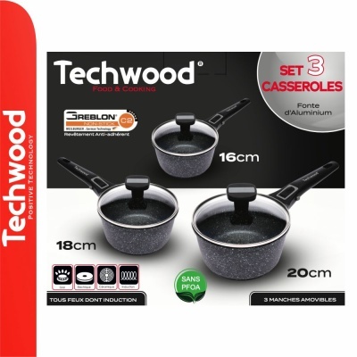 Conjunto de 3 caçarolas Techwood preto com tampas de vidro e cabos removíveis, com texto explicativo sobre o produto e características.