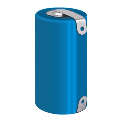 Pilha cilíndrica azul com terminais metálicos