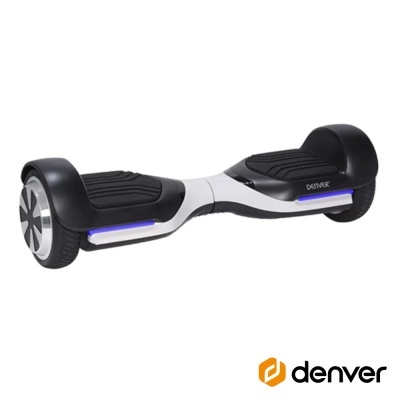 Hoverboard elétrico preto e branco com luzes azuis LED e marca DENVER