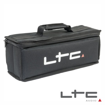 Bolsa de transporte preta com logo LTC AUDIO em branco e vermelho