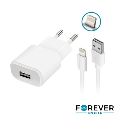 Carregador de parede branco com cabo USB branco e conector Lightning