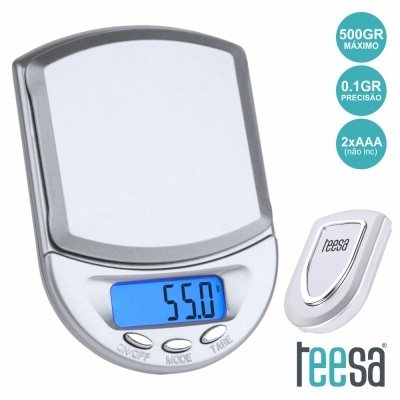 Balança digital prateada teesa com ecrã azul e botões