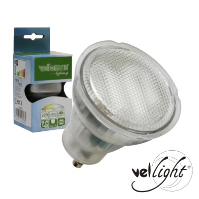 Lâmpada LED GU10 9W Velleman com embalagem azul e verde