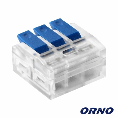 Conector elétrico transparente com alavancas azuis e logo ORNO