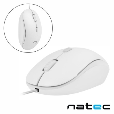 Rato de computador branco com três botões laterais e roda de scroll