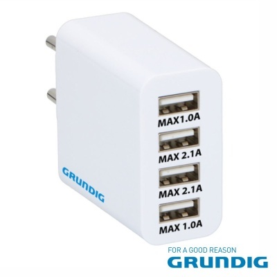 Carregador de parede branco Grundig com quatro portas USB e indicações de máxima corrente