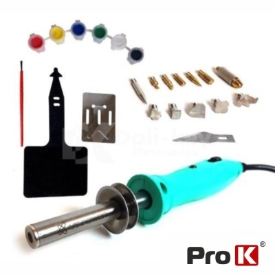 Kit de pirografia com ferramenta azul-turquesa, pontas metálicas, tintas coloridas, pincel e placas metálicas