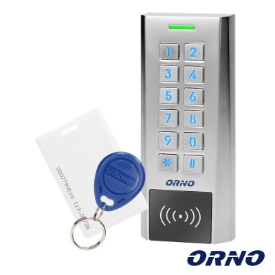 Teclado numérico prateado com cartão e porta-chaves RFID azul da marca ORNO