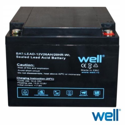 Bateria selada de chumbo ácido preta com terminais positivo vermelho e negativo preto da marca Well