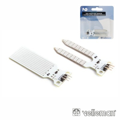 Sensor de humidade do solo e sensor de nível de água em embalagem azul e branca com componentes eletrónicos