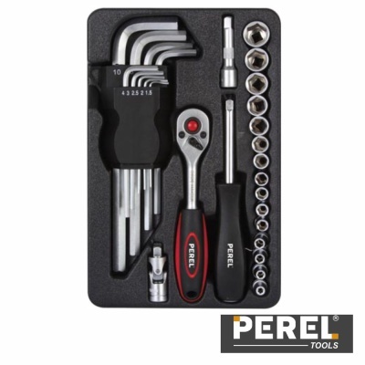 Conjunto de ferramentas Perel Tools em suporte preto com chaves Allen, chave de catraca e soquetes.