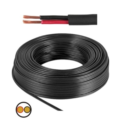 Rolo de cabo elétrico preto com fios interno vermelho e preto