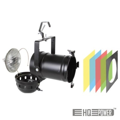 Kit de iluminação HQ Power com corpo metálico preto, lente, suporte e filtros coloridos
