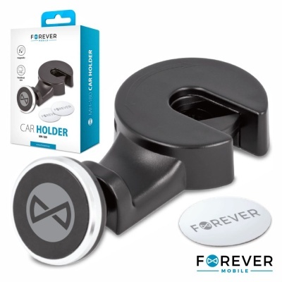 Suporte magnetico preto para carro com disco adesivo branco e embalagem azul e branca da Forever Mobile