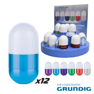 Lâmpadas GRUNDIG tipo cápsula coloridas com suporte azul e texto da marca