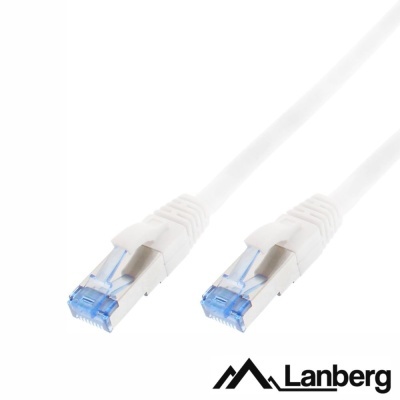 Cabo de rede Ethernet branco com conectores RJ45 transparentes e logo Lanberg