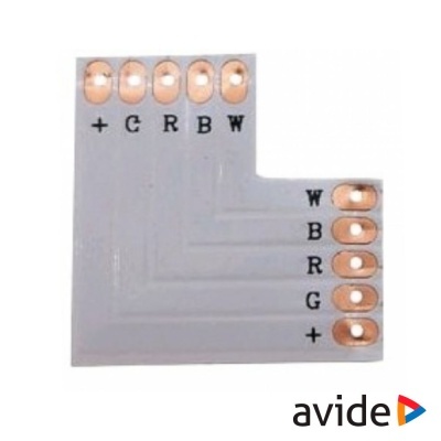 Placa eletrónica branca em forma de L com contactos metálicos e letras impressas