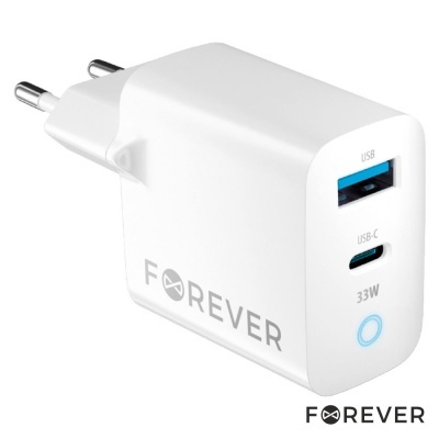 Carregador de parede branco com portas USB e USB-C, texto FOREVER e 33W