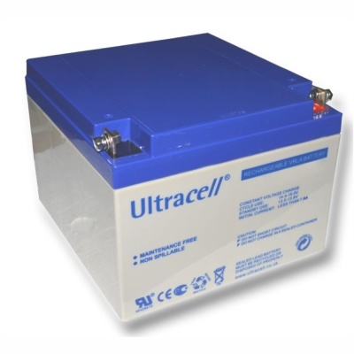 Bateria recarregável Ultracell branca com tampa azul e terminais metálicos