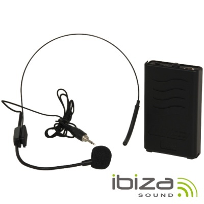 Microfone headset preto e transmissor preto da Ibiza Sound