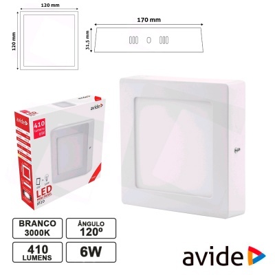 luz LED quadrada branca Avide com especificações perto da luminária e caixa