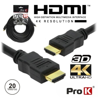 Cabo HDMI Pro K preto com 20 metros, conectores dourados, texto 4K ULTRAHD e 3D