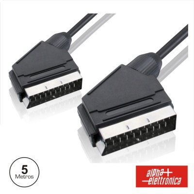 Cabo SCART preto de 5 metros com conectores metálicos e logótipo 'alpha+ elettronica'